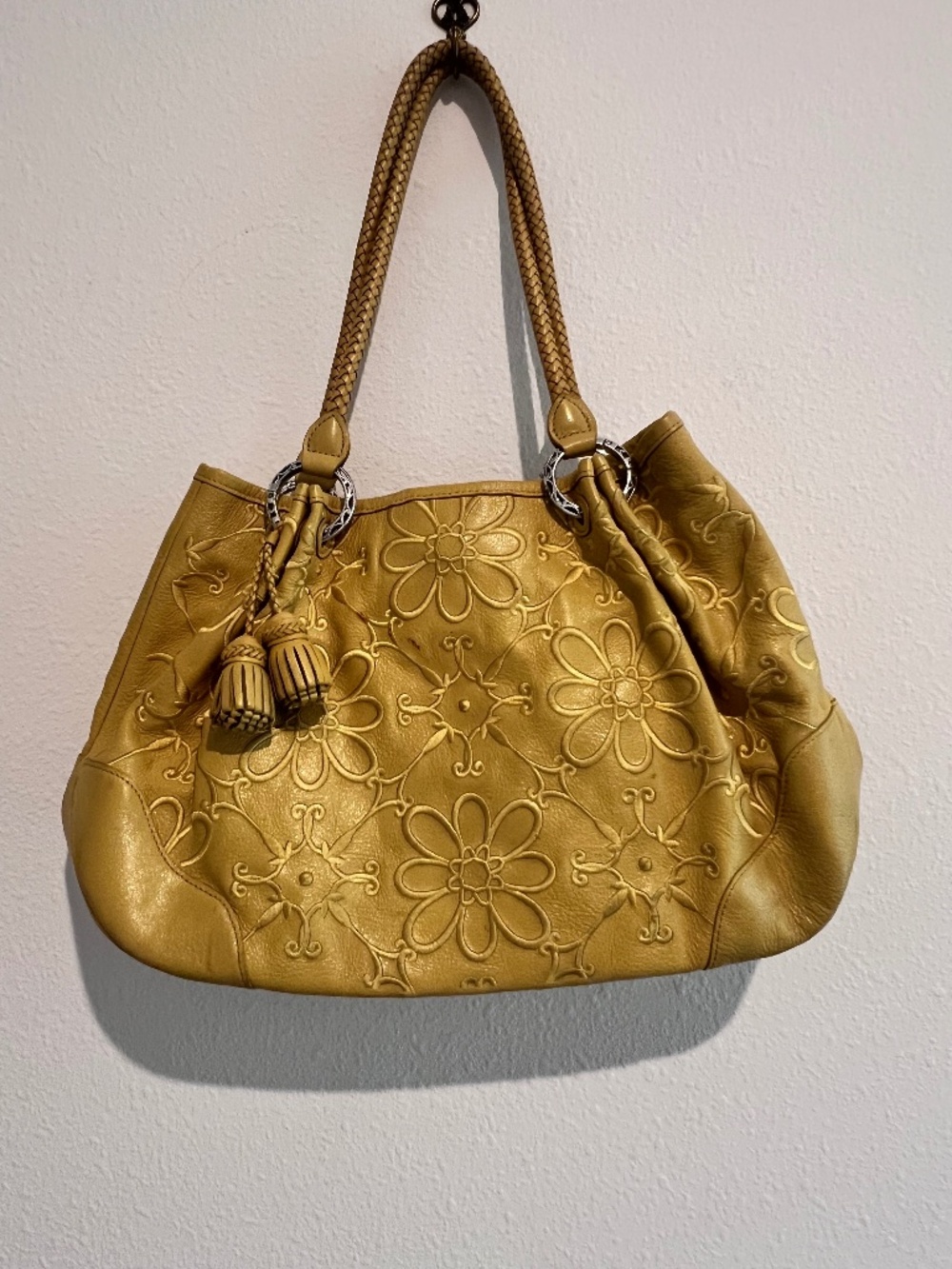 Brighton Yellow Embroidered Floral Leather Shoulder Bag